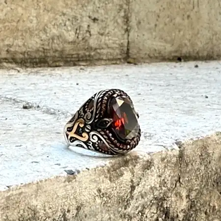 Koyu kırmızı lal doğal taşlı 925 ayar el yapımı gümüş erkek yüzük modeli