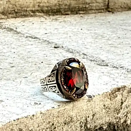Lal doğal taşlı rüzgar motifli oksitli 925 ayar el yapımı gümüş erkek yüzük modeli