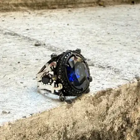 Mavi fasetli kesim zirkon taşlı 925 ayar el yapımı erkek gümüş yüzük modeli