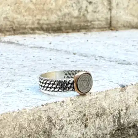 Süleyman Mührü ve gurmet zincir motifli 925 ayar el yapımı gümüş erkek yüzük