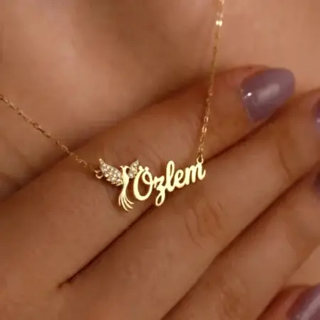 925 ayar gümüş anka kuşu taşlı kişiye özel isim kolye